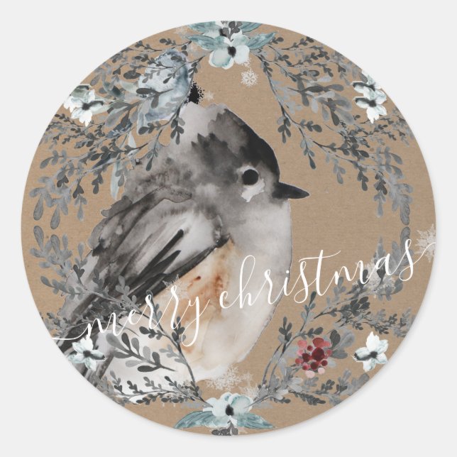 Pegatina Redonda Ruidosa Kraft Paper Sparrow Bird Feliz Navidad (Anverso)