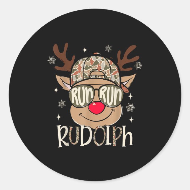 Pegatina Redonda Run Rudolph Santa's Reindeer Christmas Camo Boys T (Anverso)