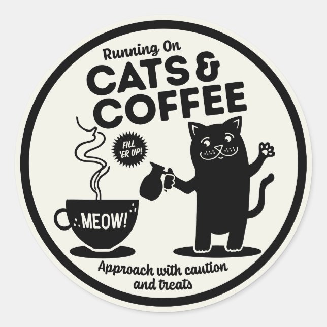 Pegatina Redonda Running on Cats and Coffee  (Anverso)