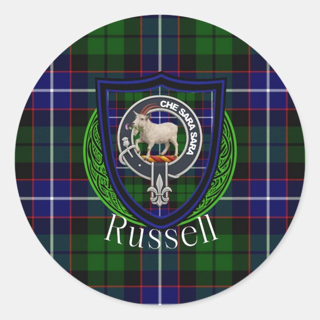 Pegatina Redonda Russell Scottish Clan Tartan & Crest (Anverso)