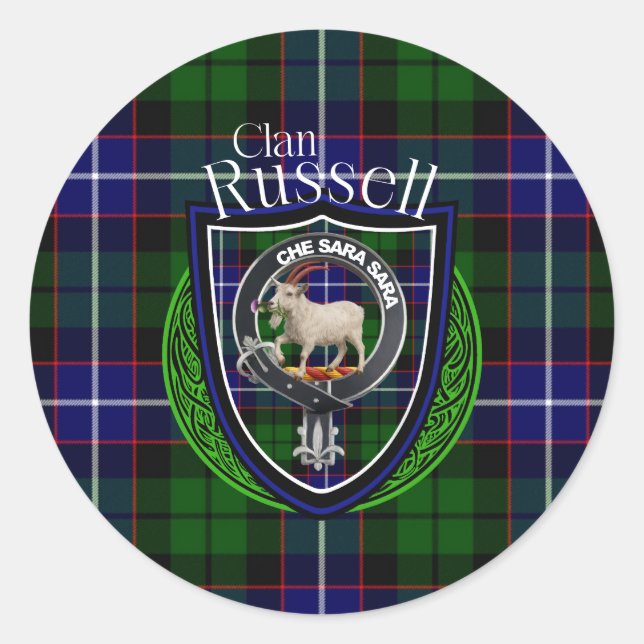 Pegatina Redonda Russell Scottish Clan Tartan & Escudo (Anverso)