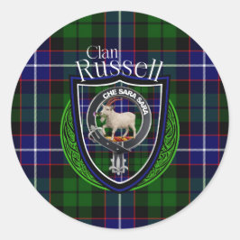 Pegatina Redonda Russell Scottish Clan Tartan & Escudo