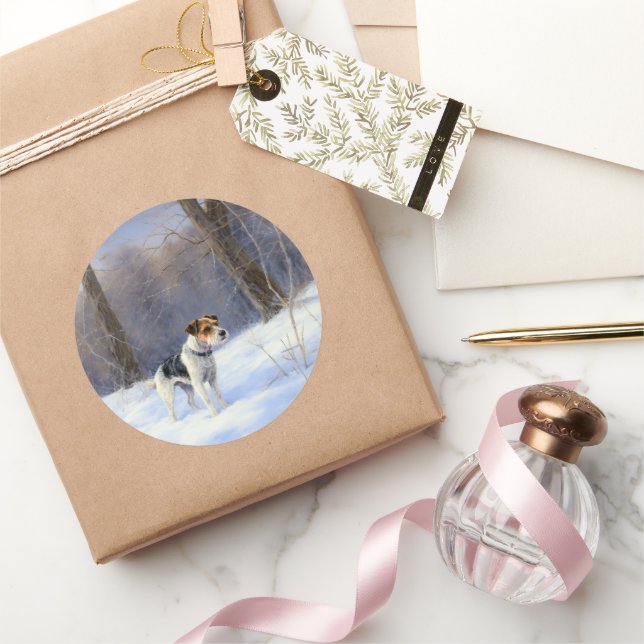 Pegatina Redonda Russell Terrier deja que nieve Navidades (Regalar)