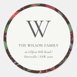 Pegatina Redonda Rust Brown Berry Navidades Flora Monograma Direcci