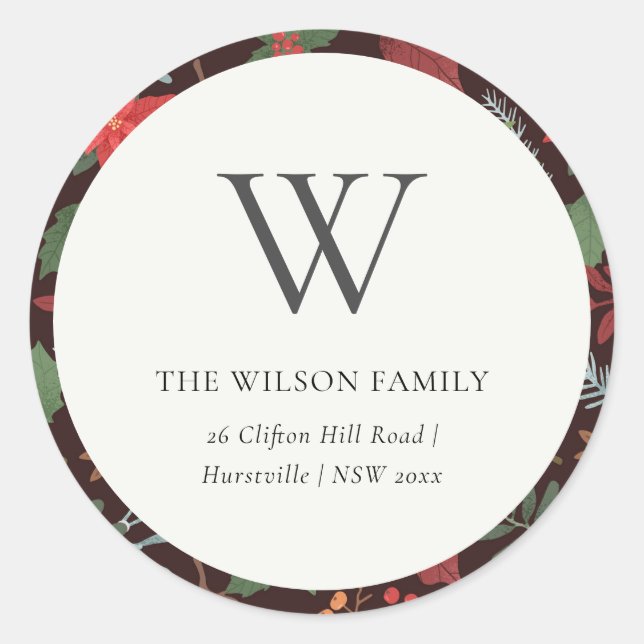 Pegatina Redonda Rust Brown Berry Navidades Flora Monograma Direcci (Anverso)