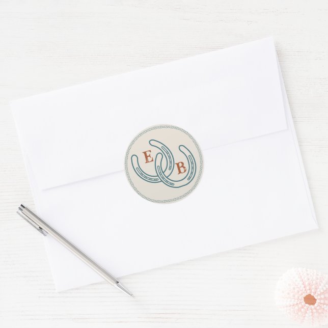 Pegatina Redonda Rust Teal Western Horseshoe Wedding Monogram (Sobre)