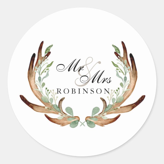 Pegatina Redonda Rustic Antler and Vine Watercolor Mr & Mrs. (Anverso)