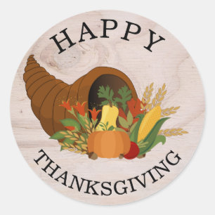 Pegatina Redonda Rustic Autumn Cornucopia Happy Thankending