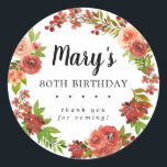 Pegatina Redonda Rustic Autumn Floral 80th Birthday Gracias<br><div class="desc">Un rústico floral de cumpleaños número 80 gracias pegatina presenta cálidas rosas rojas borgoñas y rosas de coral rosadas enclavadas en hojas verdes profundas para formar una corona abierta. Flores y bayas rojas completan el acuerdo Este pegatina de cumpleaños forma parte de la colección Gaeting. Contiene muchas plantillas DIY que...</div>