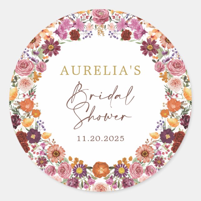 Pegatina Redonda Rustic Autumn Floral Wreath Bridal Shower (Anverso)