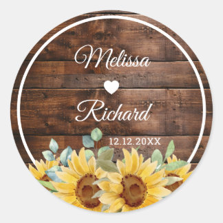 Pegatina Redonda Rustic Barn Wood Sunflower Country Wedding Favor