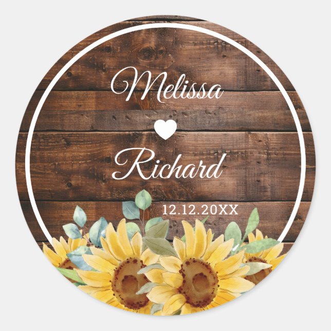 Pegatina Redonda Rustic Barn Wood Sunflower Country Wedding Favor (Anverso)
