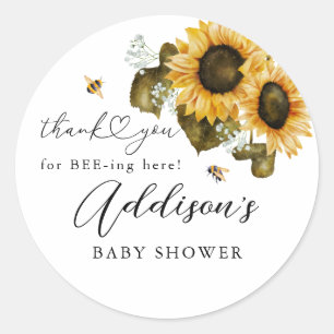 Pegatina Redonda Rustic Bee Sunflower Baby Shower Favor