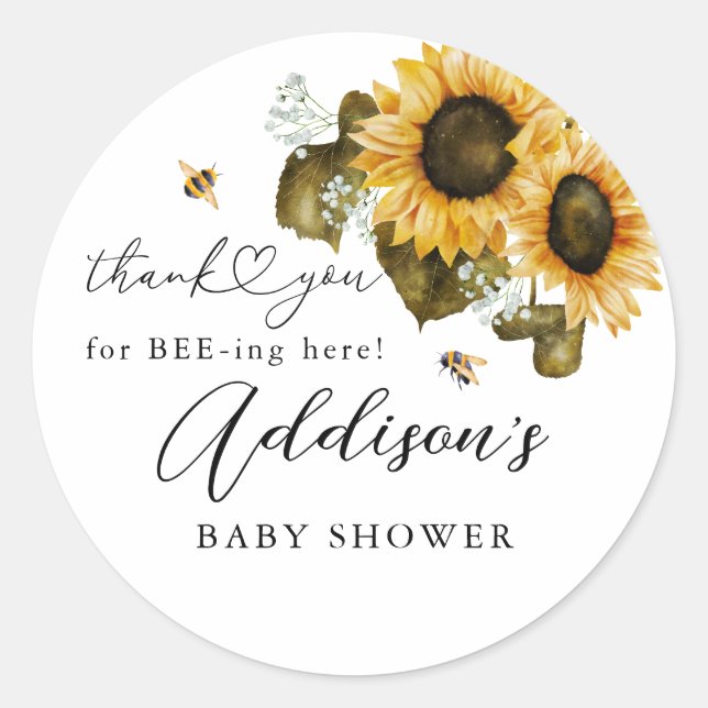 Pegatina Redonda Rustic Bee Sunflower Baby Shower Favor (Anverso)