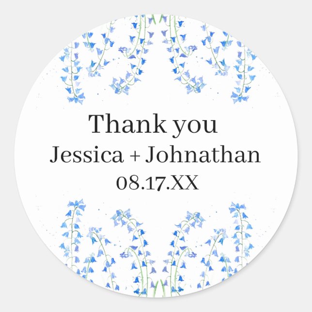 Pegatina Redonda Rustic Bluebells Blue Floral Gracias Por Favor (Anverso)
