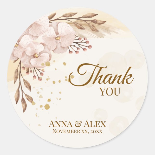 Pegatina Redonda Rustic Boho Blush Orchid & Gold Watercolor (Anverso)