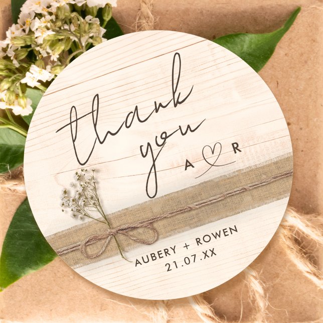 Pegatina Redonda Rustic Boho Burlap Wood Wildflower Gracias (Subido por el creador)