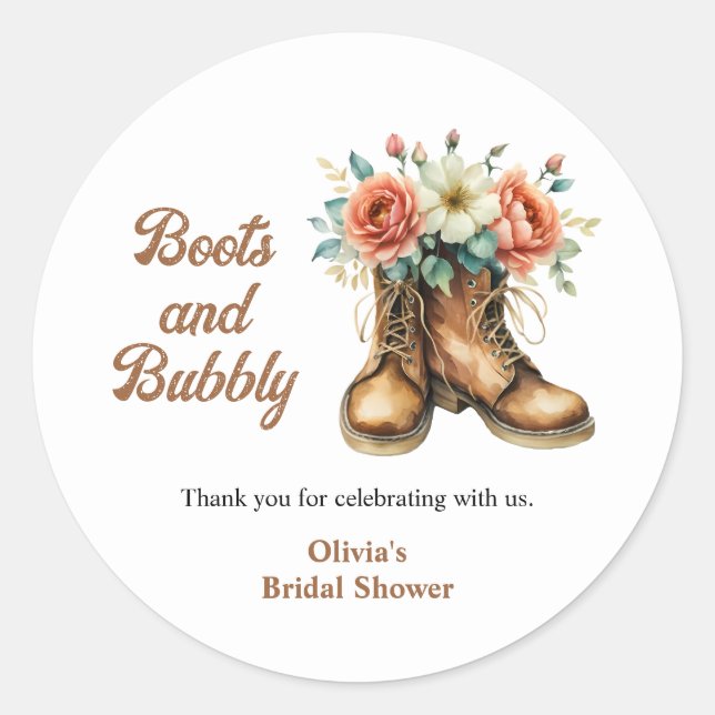Pegatina Redonda Rustic Boots and Bubbly Western Bridal Shower  (Anverso)