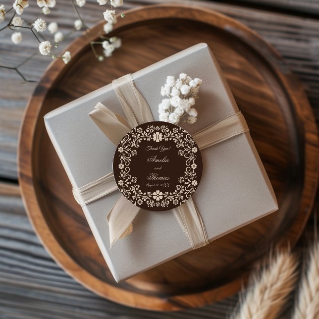 Pegatina Redonda Rustic Brown Floral Wedding Thank You (Subido por el creador)