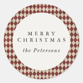 Pegatina Redonda Rustic Burgundy Argyle Holiday