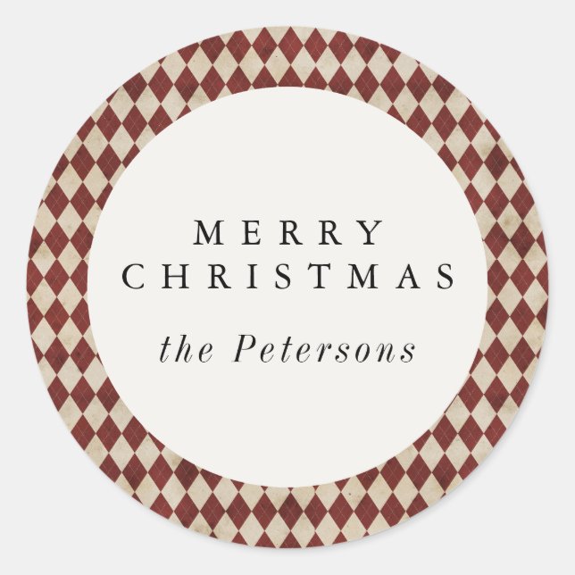 Pegatina Redonda Rustic Burgundy Argyle Holiday (Anverso)
