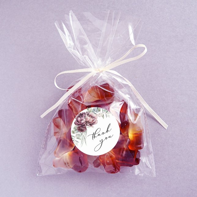 Pegatina Redonda Rustic Burgundy y Plum Floral Gracias Favor (A cute favor idea for a bridal shower or other event.)