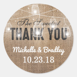 Pegatina Redonda Rustic Burlap Mason Jar Gracias