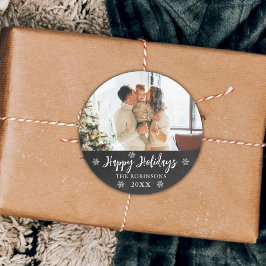 Pegatina Redonda Rustic Chalkboard Snowflakes Photo Happy Holidays