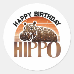 Pegatina Redonda Rustic Charm Hippo Feliz cumpleaños