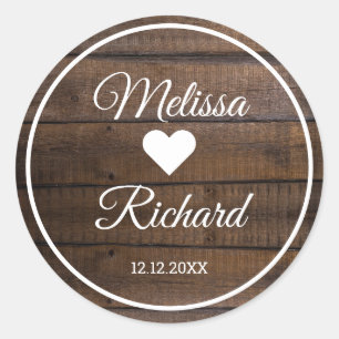 Pegatina Redonda Rustic Dark Wood Country Wedding Favor
