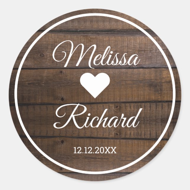 Pegatina Redonda Rustic Dark Wood Country Wedding Favor (Anverso)