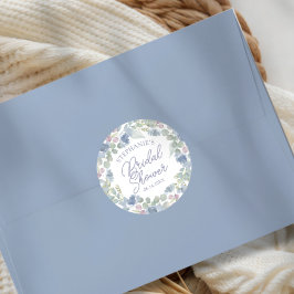 Pegatina Redonda Rustic Dusty Blue Floral Wreath Bridal Shower
