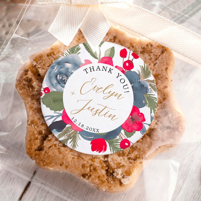 Pegatina Redonda Rustic Elegant Winter Floral rojo verde gracias (Rustic Elegant Winter Floral red green thank you Classic Round Sticker)