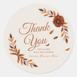 Pegatina Redonda Rustic Fall Leaves Beige Wedding Thank You