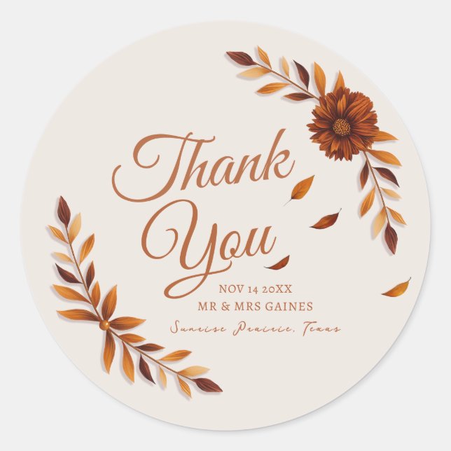 Pegatina Redonda Rustic Fall Leaves Beige Wedding Thank You (Anverso)
