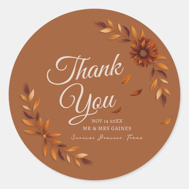 Pegatina Redonda Rustic Fall Leaves Burnt Sienna Wedding Thank You  (Anverso)