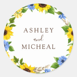 Pegatina Redonda Rustic Fall Sunflower Wreath Wedding Sticker