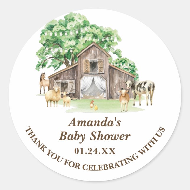 Pegatina Redonda Rustic Farm Animal Baby Shower (Anverso)