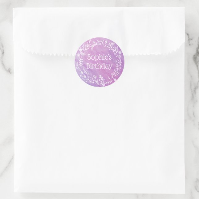 Pegatina Redonda Rustic Farmhouse Purple Pink Kids Birday Favor (Bolso)