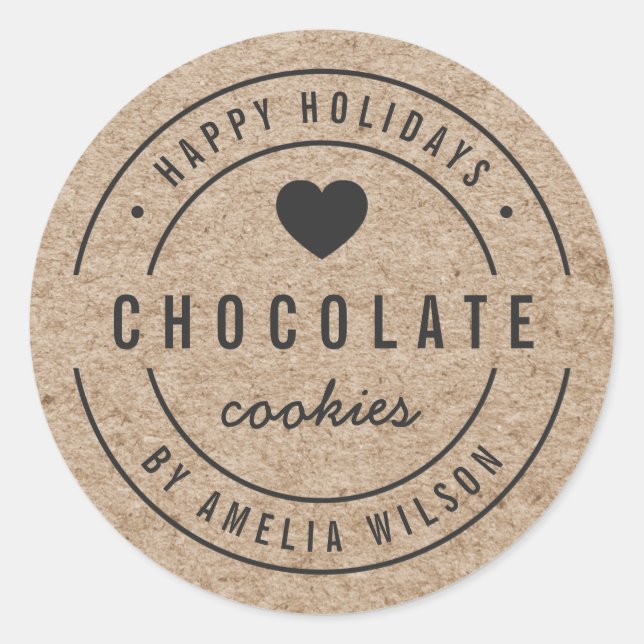 Pegatina Redonda Rustic Faux Kraft Bienes Caseros Felices Fiestas (Anverso)