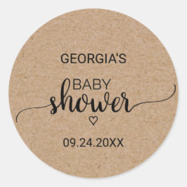Pegatina Redonda Rustic Faux Kraft Caligrafía Baby Shower Favor