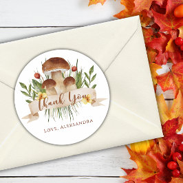 Pegatina Redonda Rustic Floral Mushrooms Fall Baby Shower Thank You