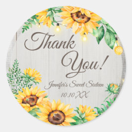 Pegatina Redonda Rustic Floral String Lights Gracias