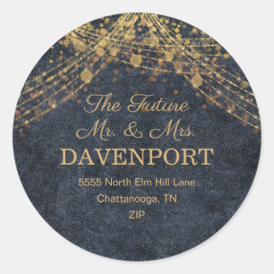 Pegatina Redonda Rustic Glam Navy Blue Gold String Luces