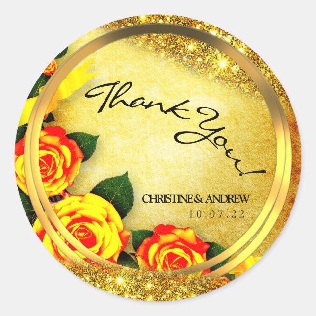 Pegatina Redonda Rustic Gold Glitter Roses Thank You Wedding  (Anverso)