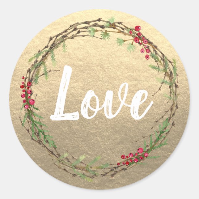 Pegatina Redonda Rustic Gold Love Christmas Wreath (Anverso)