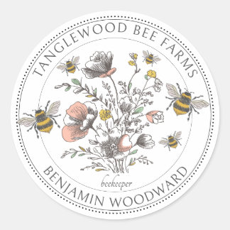 Pegatina Redonda Rustic Honey Bee Florals Apiary Beekeeper 