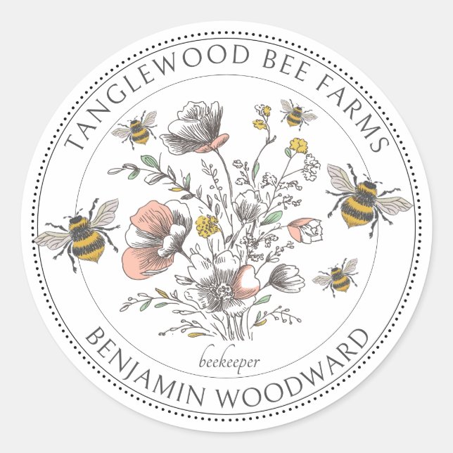 Pegatina Redonda Rustic Honey Bee Florals Apiary Beekeeper  (Anverso)
