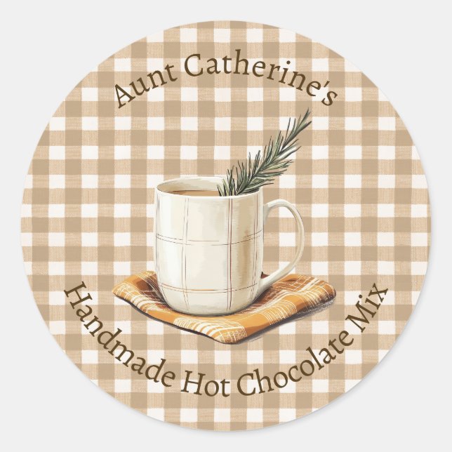 Pegatina Redonda Rustic Hot Chocolate Mix Christmas Brown Gingham  (Anverso)