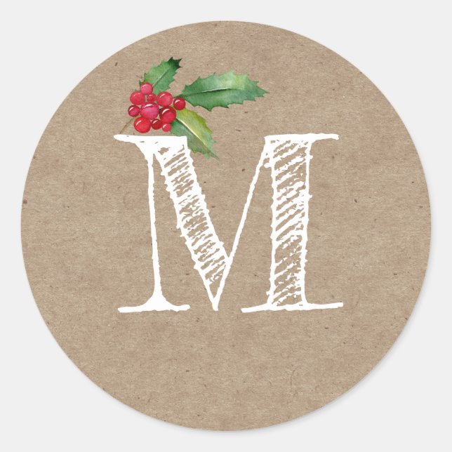 Pegatina Redonda Rustic Kraft Christmas Holly Monogram Initial (Anverso)